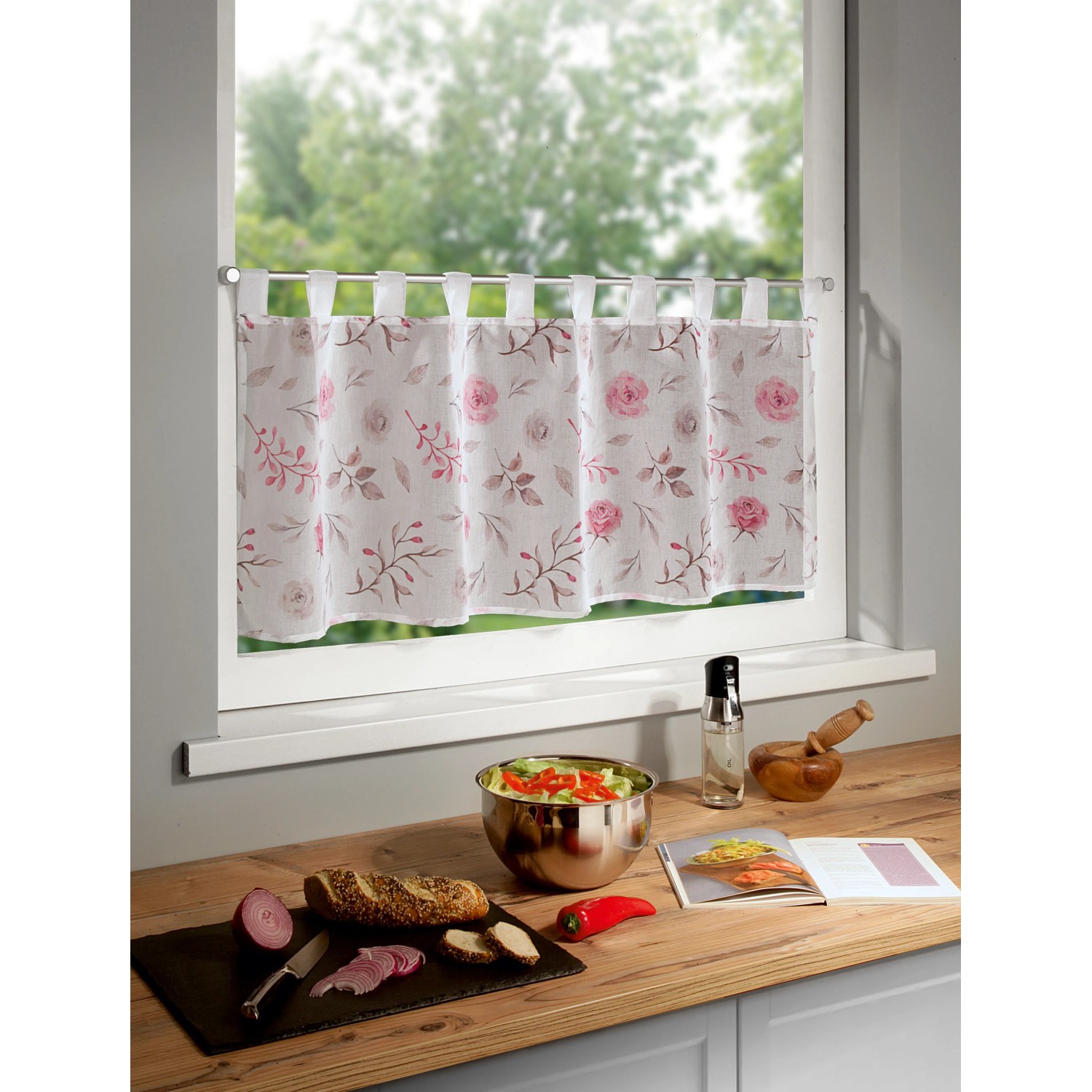Schlaufenpanneau Rachele in Rosa-Grau, 45x135 cm, mit floralem Muster für Fenstervorhänge.