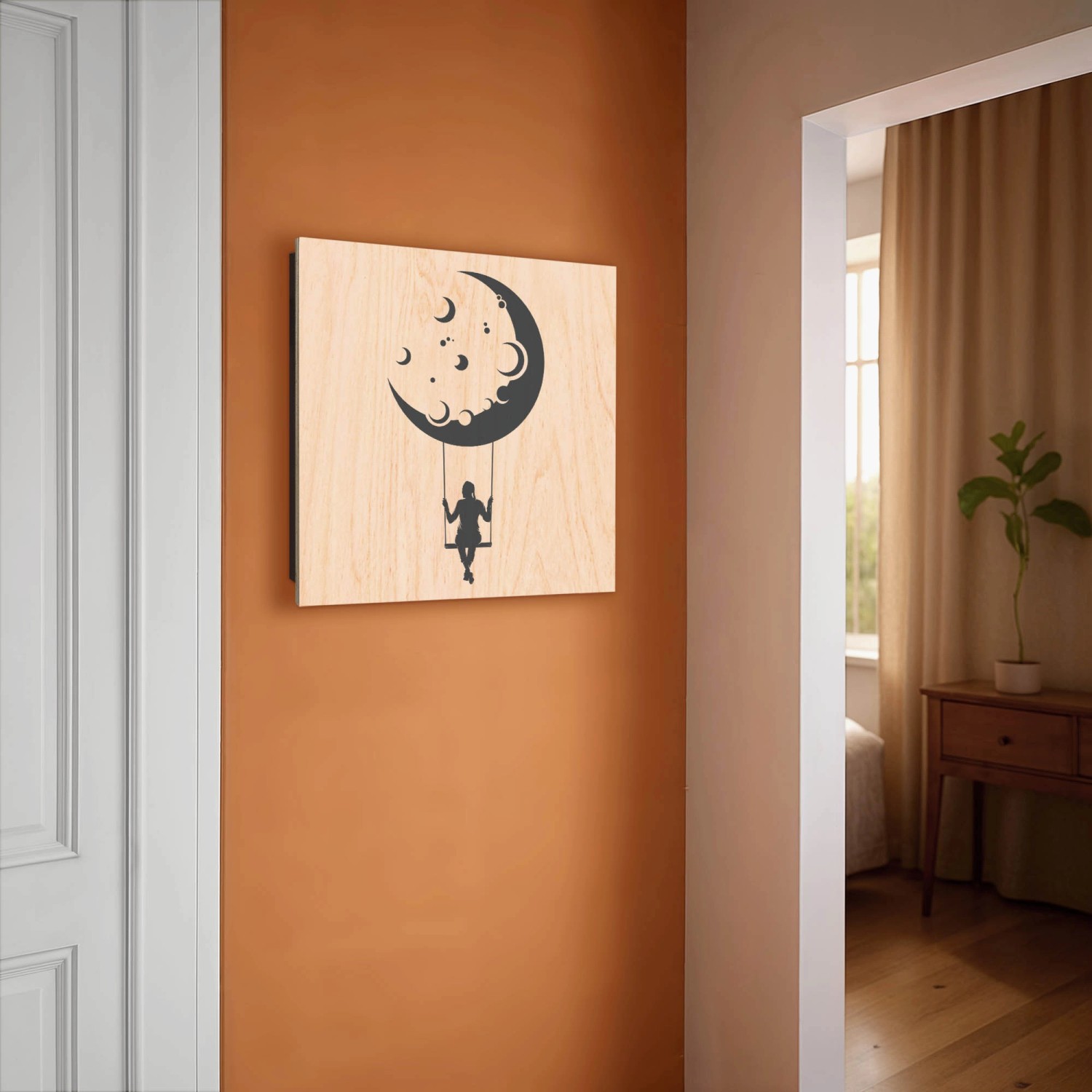 Banjado Schlüsselkasten aus Holz, 30x30cm, mit Motiv Mondschaukel und 50 Haken.