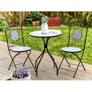 Beliani Bistro Set CAMPRENA, schwarz-weiß, mit Mosaikmuster für Garten, Terrasse oder Balkon.
