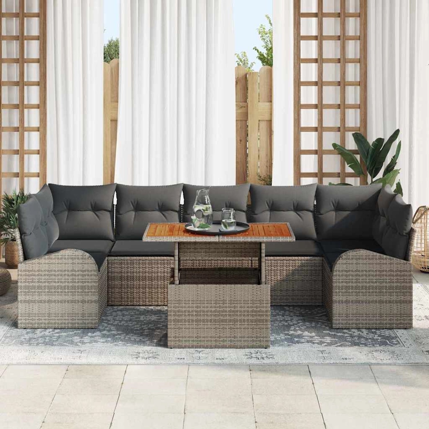 Graues 8-teiliges vidaXL Garten-Sofa-Set aus Poly Rattan mit Tisch und Staufächern.