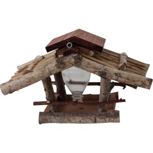 Siena Garden Vogelhaus aus Birke, braun-rotes Dach, mit Futtersilo und Sitzstangen.