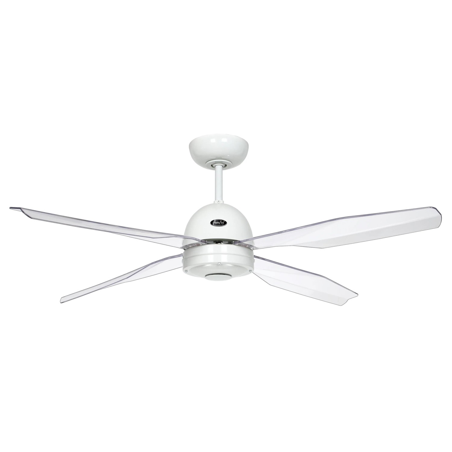 Weißer CASAFAN Deckenventilator Libelle 132 cm mit transparenten Acrylglas-Flügeln und Fernbedienung.
