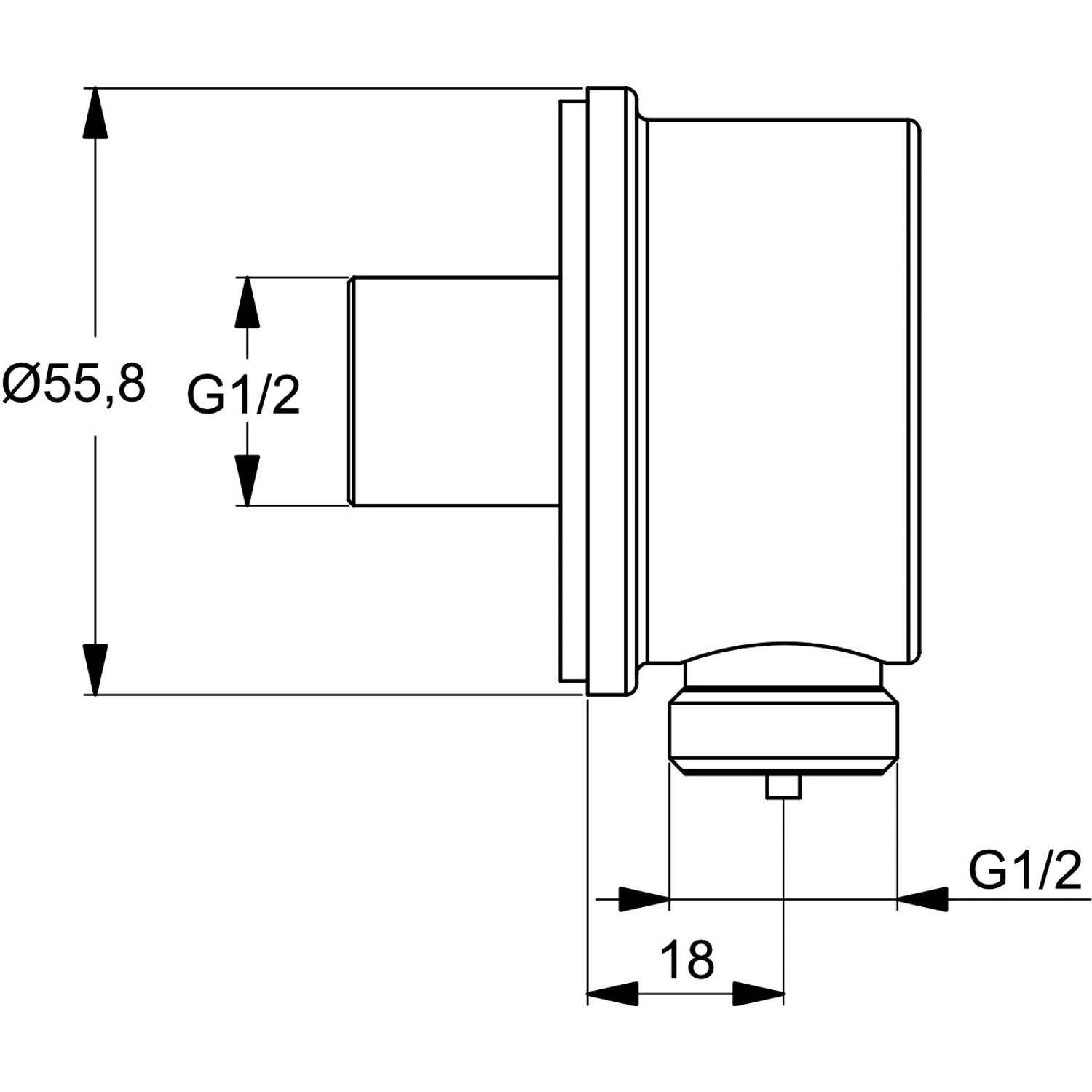 Technische Zeichnung: Ideal Standard Idealrain Brauseschlauchanschluss in Chrom mit Maßangaben.