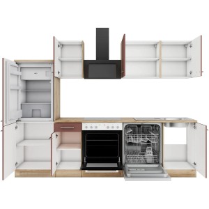 OPTIFIT Küchenzeile Bari407, 270 cm, Rostrot mit E-Geräten: Herd, Spüle, Kühlschrank, Geschirrspüler, Dunstabzugshaube.