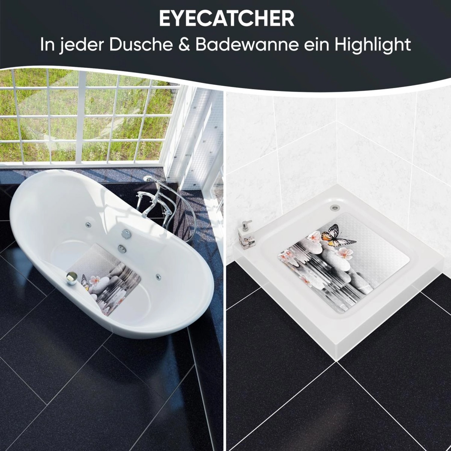 SANILO Badematte Vanesa in Badewanne und Dusche, Motiv Steine/Schmetterling, rutschfest.