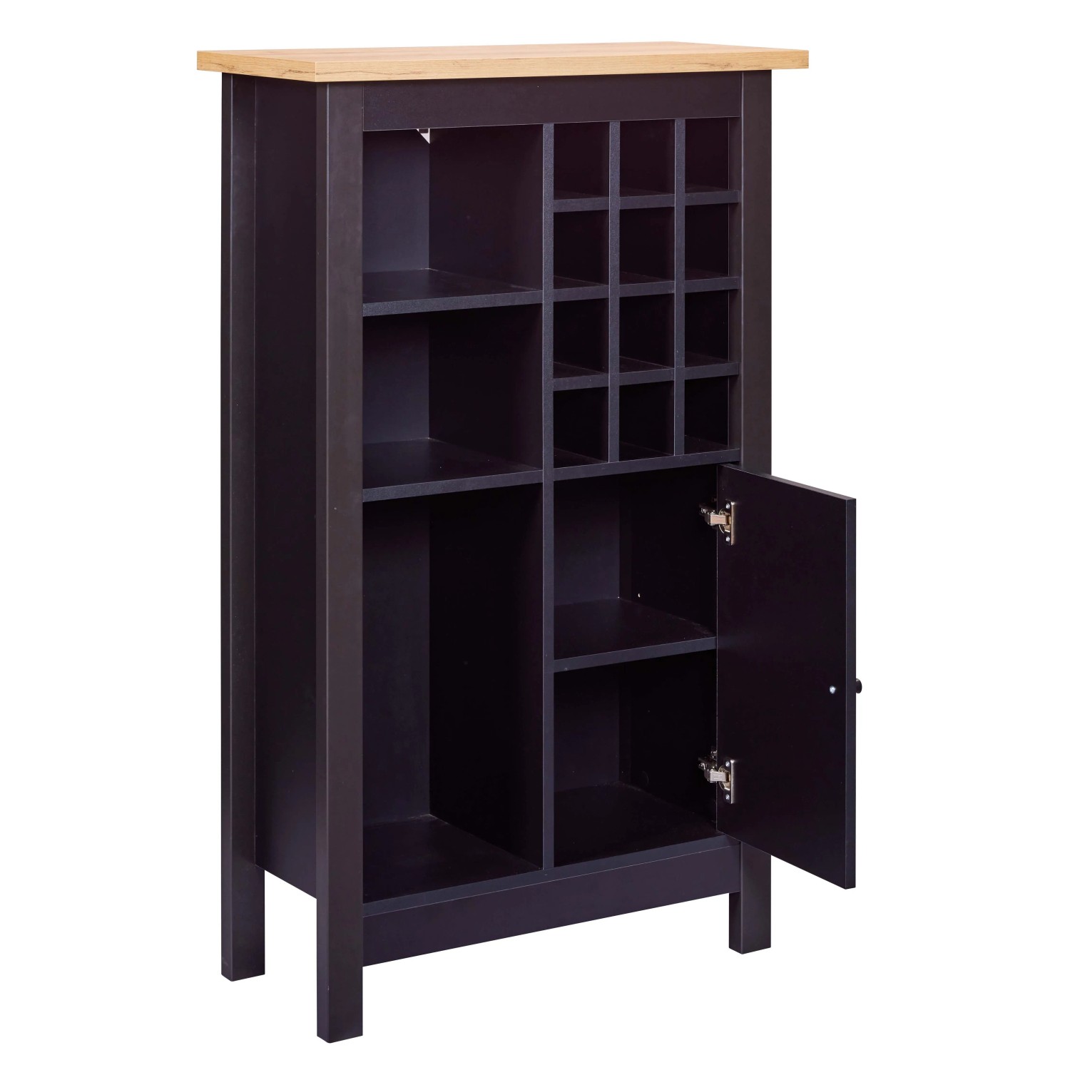 Schwarzer Weinschrank Helina mit Fächern für Flaschen und Stauraum.