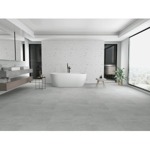 Click-Vinylboden Fliese Graz in Betonoptik, grau, mit integrierter Trittschalldämmung.