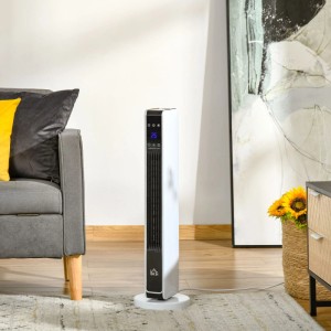 Weißes HOMCOM Heizgerät 2200W im Wohnzimmer. Eleganter elektrischer Heizturm mit schwarzem LED-Display.