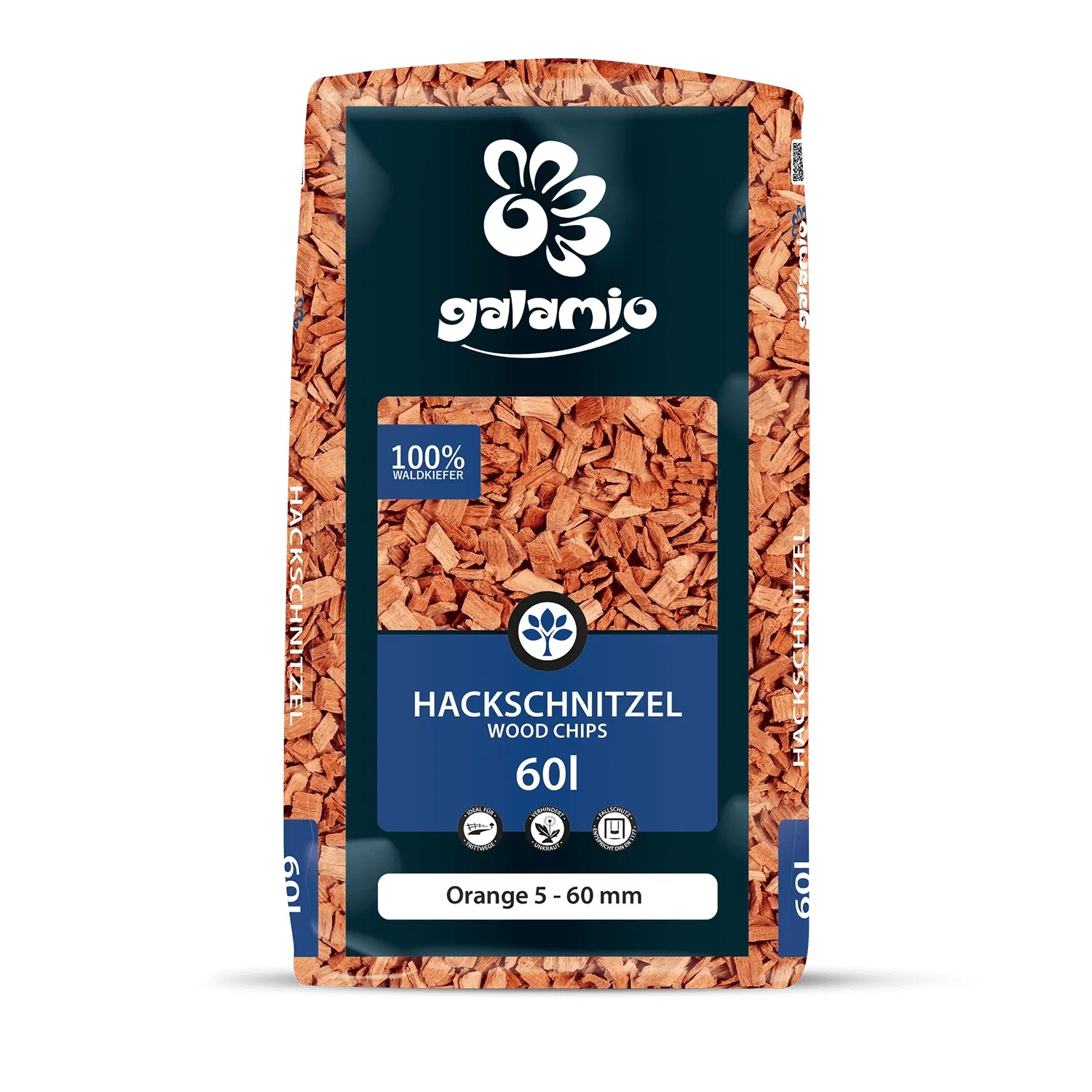 Galamio Holzhackschnitzel Orange 60l Sack. Mulch aus Kiefernholz für Garten, Beete und Wege. Körnung 5-60 mm.