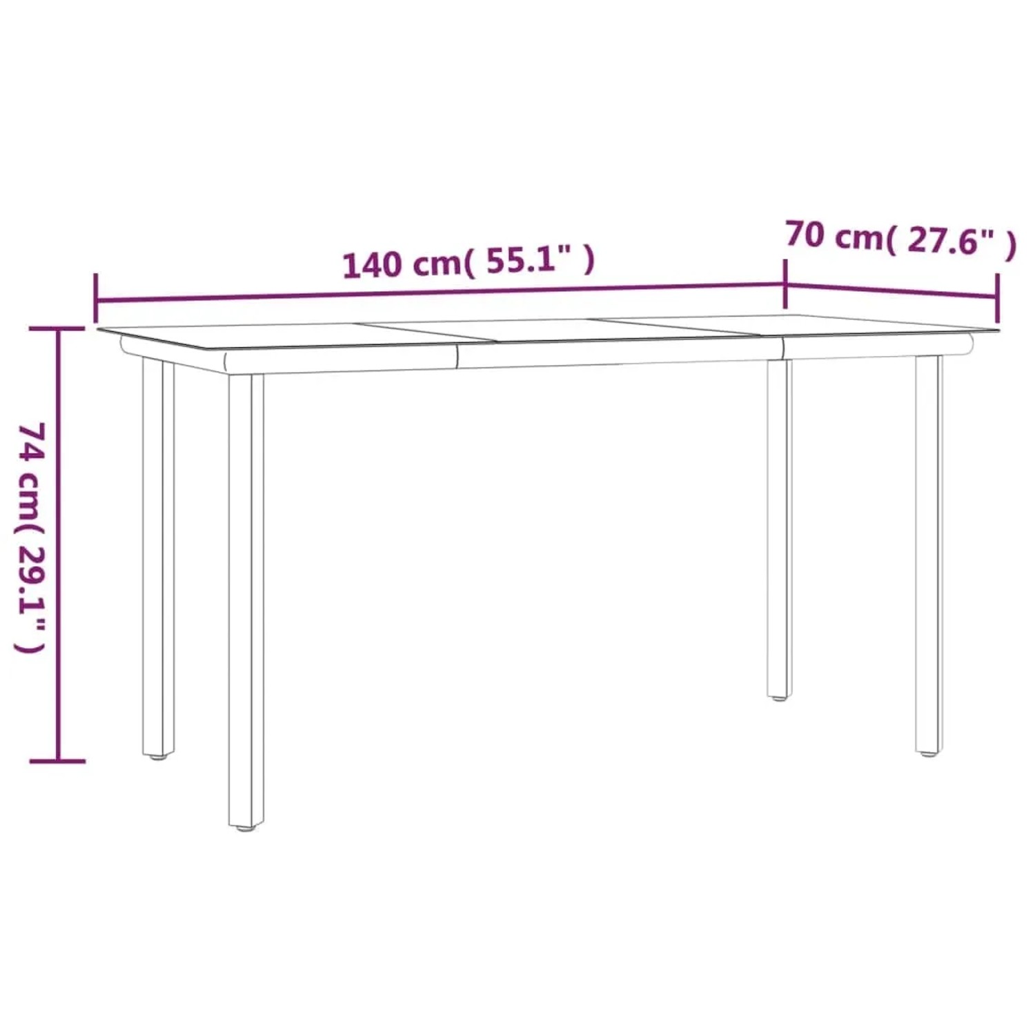 Skizze des vidaXL Garten-Esstischs mit Maßen 140x70x74 cm, Teil der 5-tlg. Garten-Essgruppe aus Stahl und Poly Rattan.