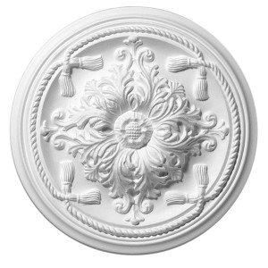 Weiße Decosa Rosette Esmeralda, Ø 45 cm, für Decken als Zierprofil.