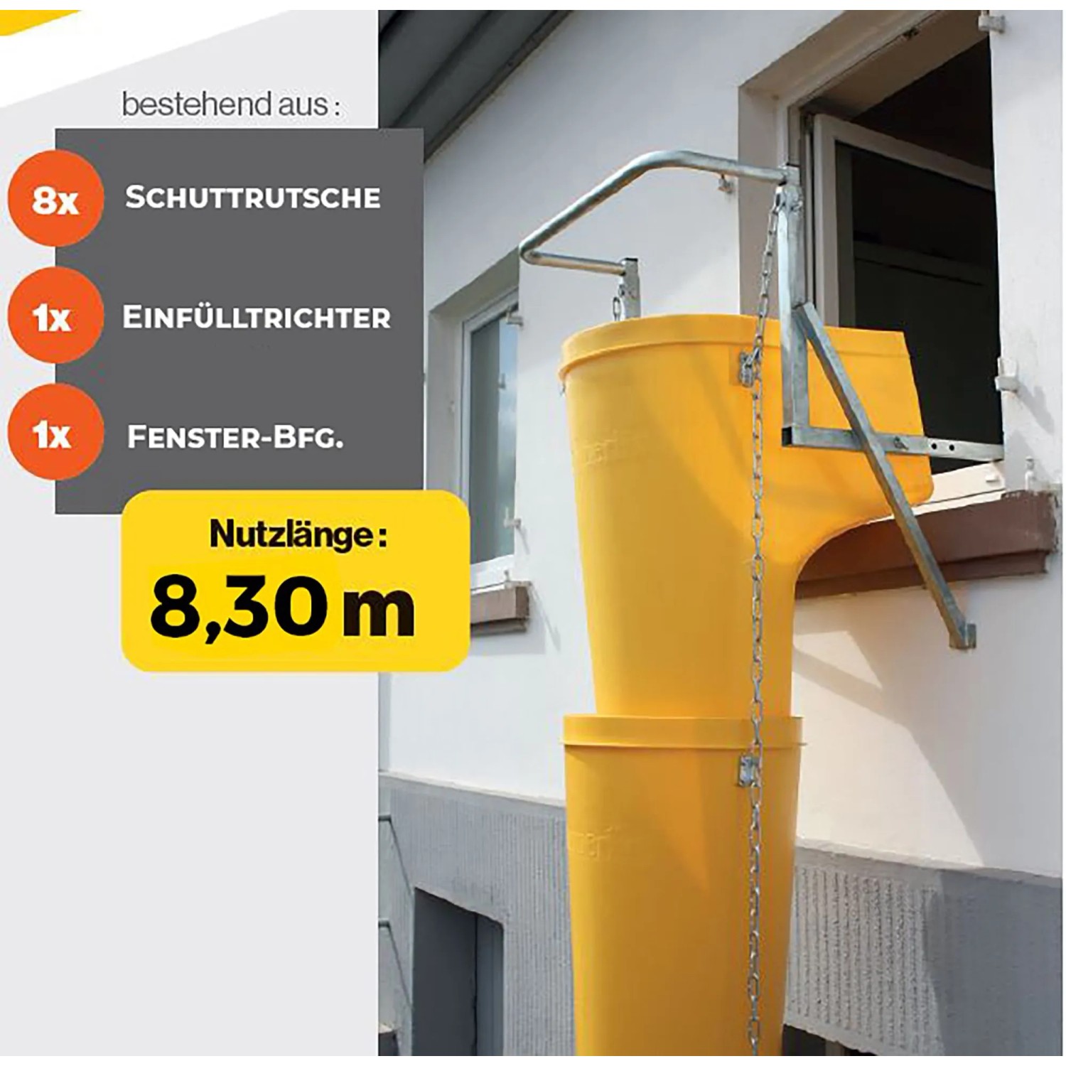 Haemmerlin Bauschuttrutsche (10-tlg.) in Gelb, montiert am Fenster mit Trichter. Länge: 8,30 m.