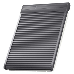Velux Solar-Rollladen SSL CK02, dunkelgrau, geschlossen. Dachfenster-Rollo für Hitzeschutz und Verdunkelung.