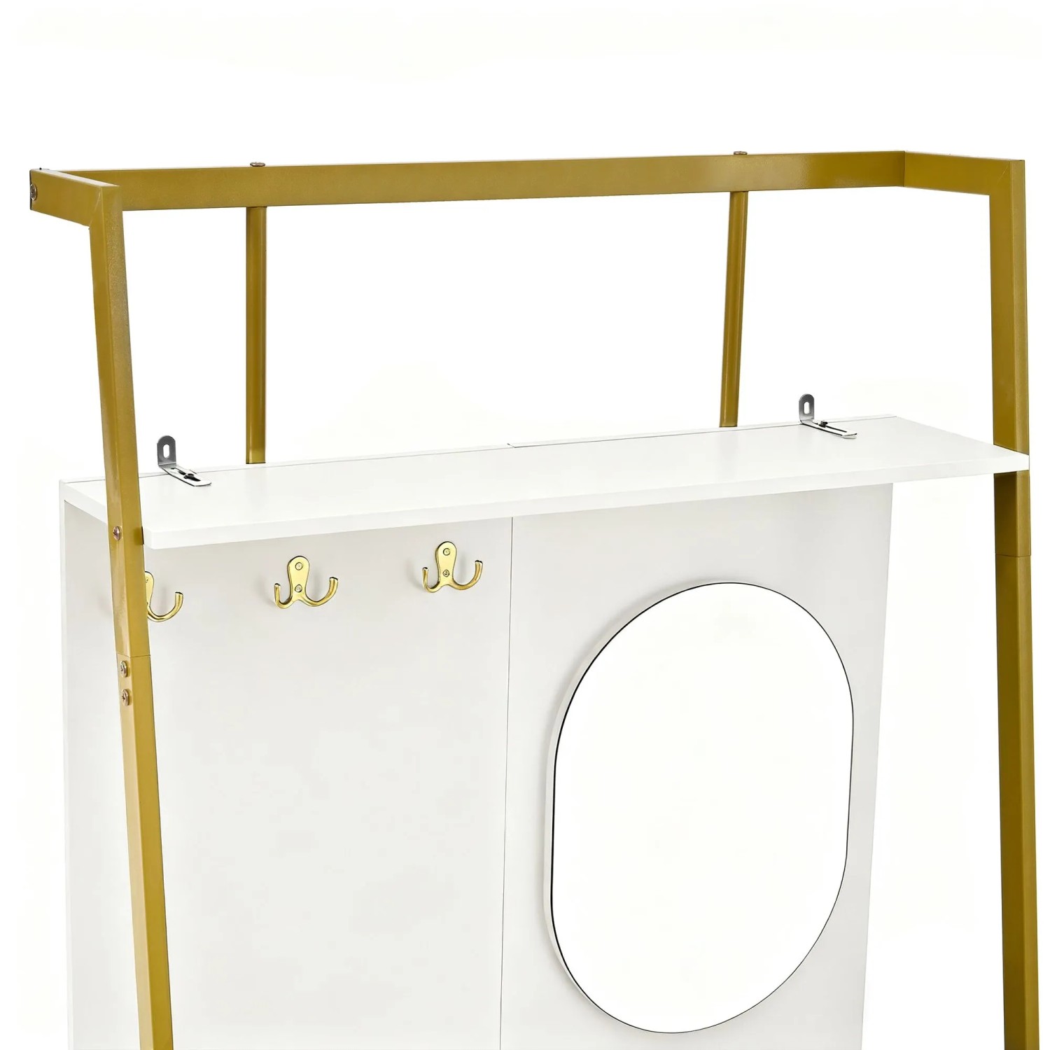 Modernes weißes Garderoben Set mit goldenem Metallrahmen, ovalem Spiegel und drei Haken für den Flur.