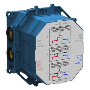 pianura Universal-Grundkörper Unterputz Smart Push für Wannenarmatur, blaue Box mit Anschlüssen.
