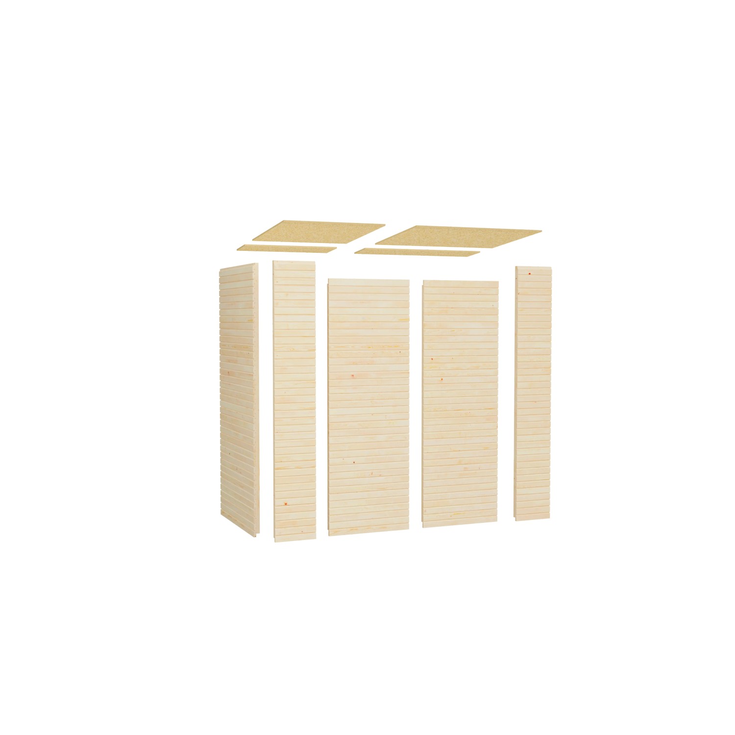 Elemente des Bertilo Holz-Gartenhauses Box 1 aus Fichte, zur einfachen Montage.