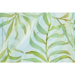 Transparenter, grüner Fenstervorhang mit Blätter-Design.
