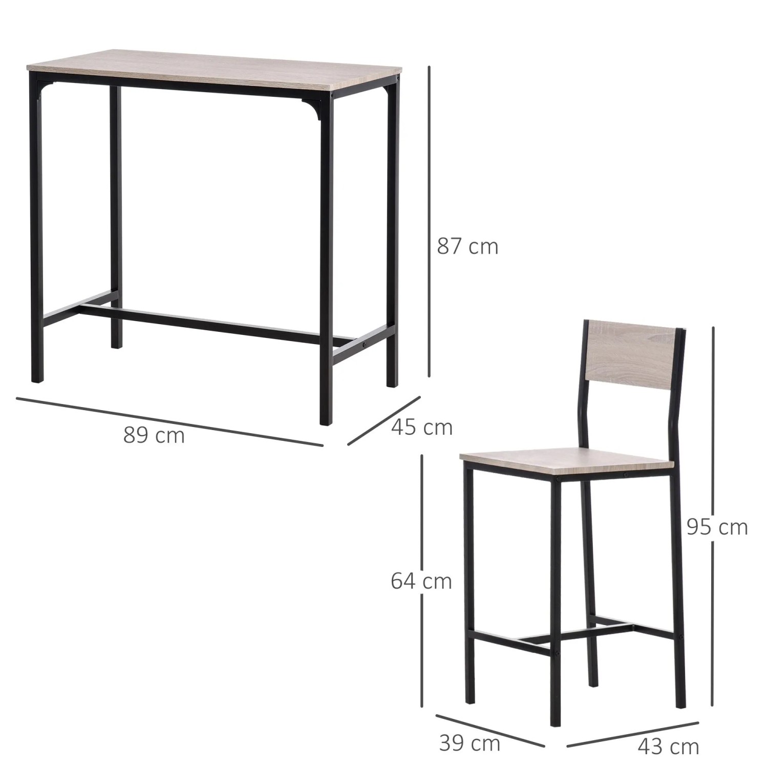 Modernes Bartisch-Set: Tisch und Barstuhl aus MDF in Naturholz-Optik mit schwarzem Metallgestell.