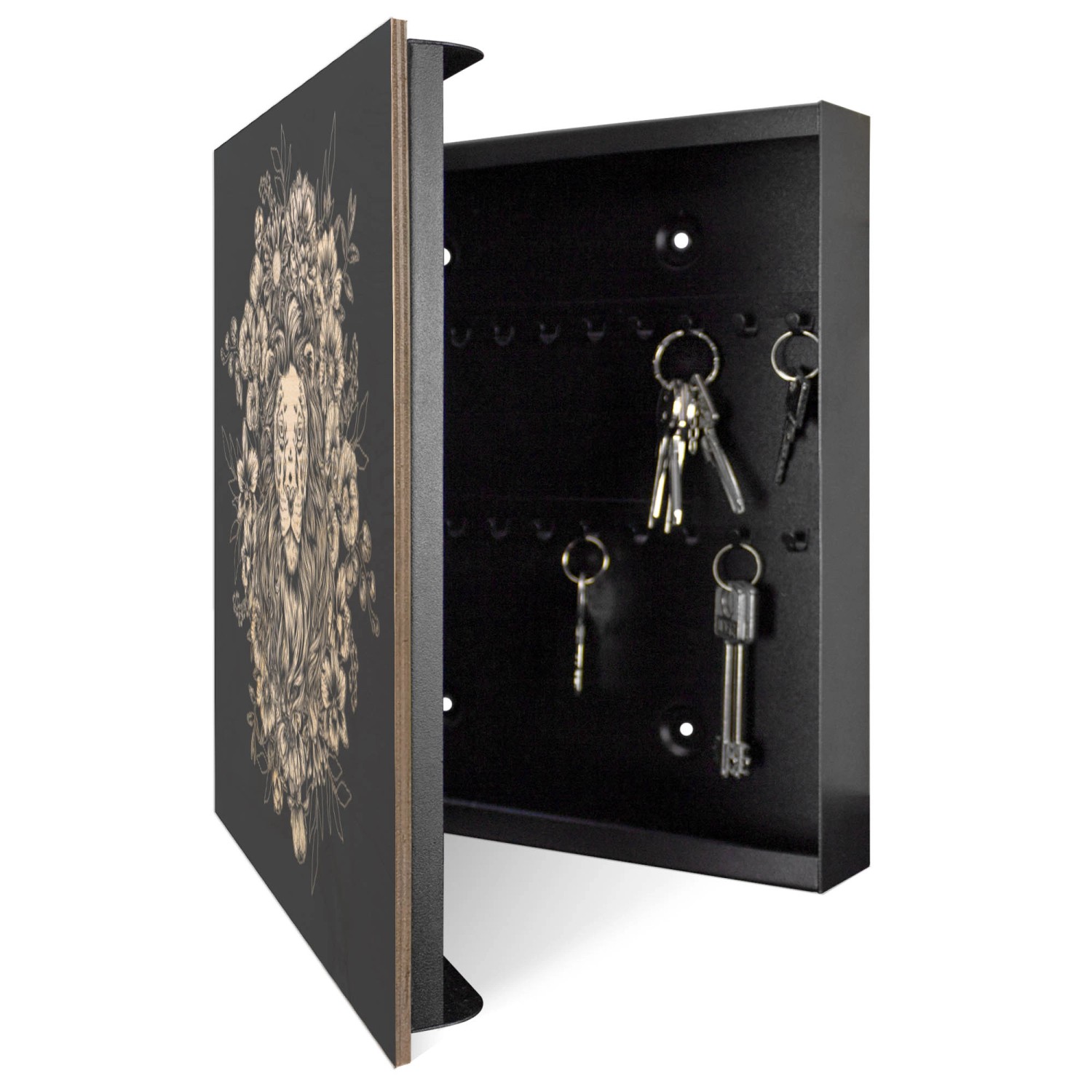 Offener, schwarzer Banjado Schlüsselkasten aus Holz (30x30cm) mit Löwenblüten-Motiv und 50 Haken.