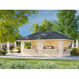 Palmako Marktstand Bianca Set, 588x300 cm, weiß lackiert, mit Verkaufsklappen im Garten.