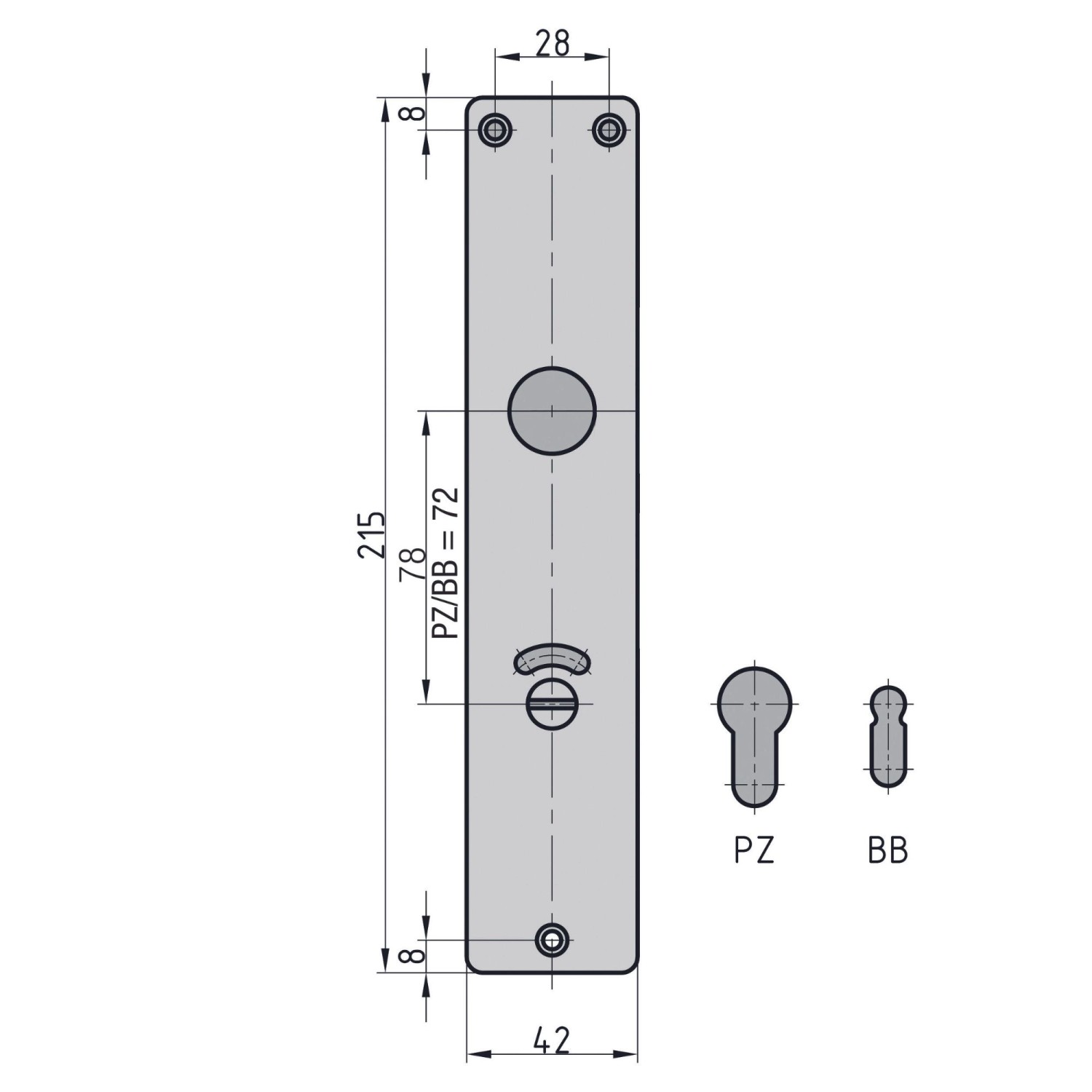 Technische Zeichnung: Basi Langschildpaar Eckig Alu F1 WC-BAD-Lochung mit Maßen.