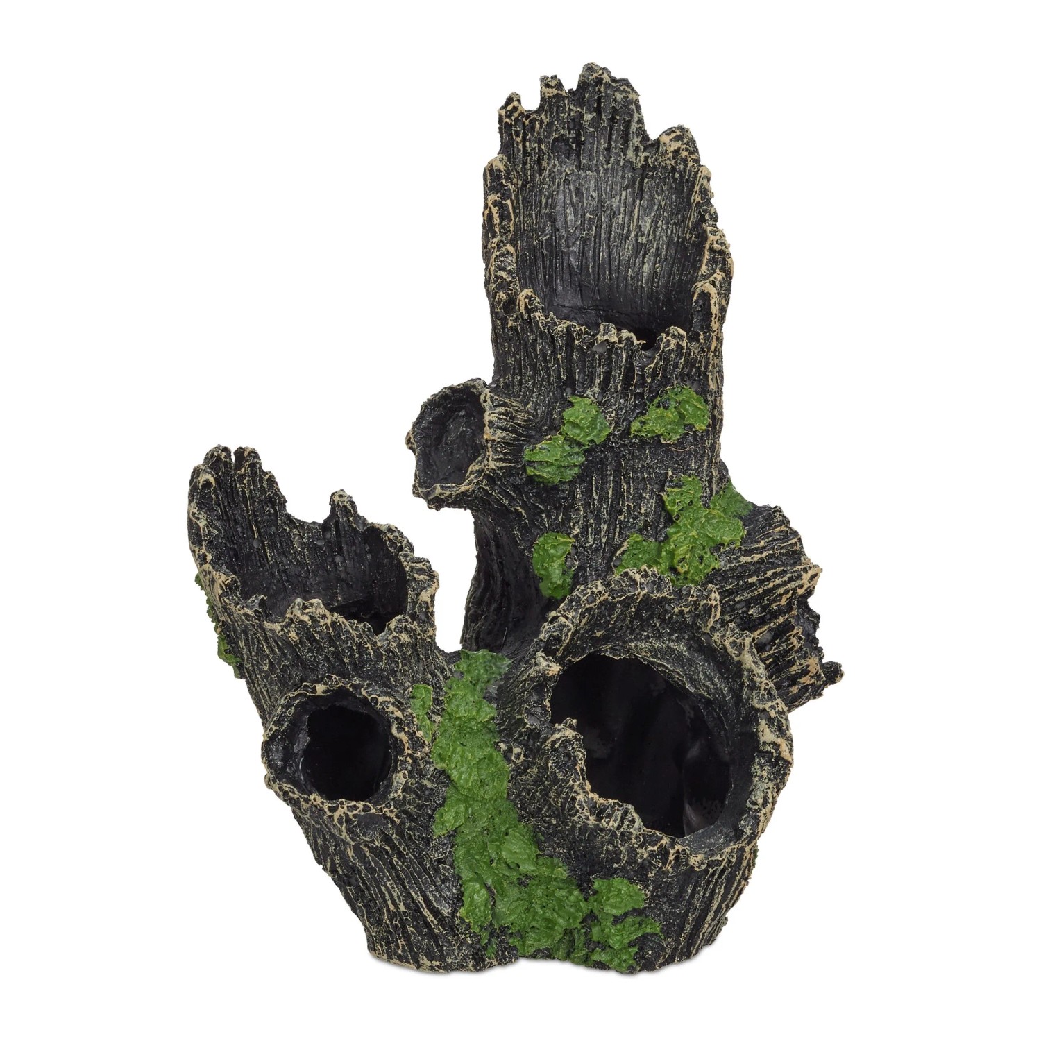 Relaxdays Aquariumdeko Baumstamm Polyresin Schwarz Grün 5 Eingänge 16,5 x 15,5 x 11 cm