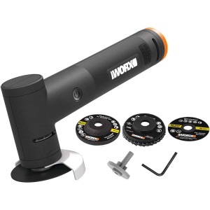 Worx MakerX Mini-Winkelschleifer WX741.9 mit Schleifscheiben und Zubehör.