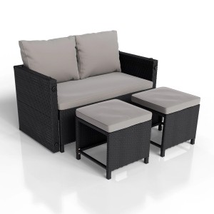 Juskys Polyrattan Gartenmöbel Set Jamaika, schwarz/grau, mit Sofa und Hockern.