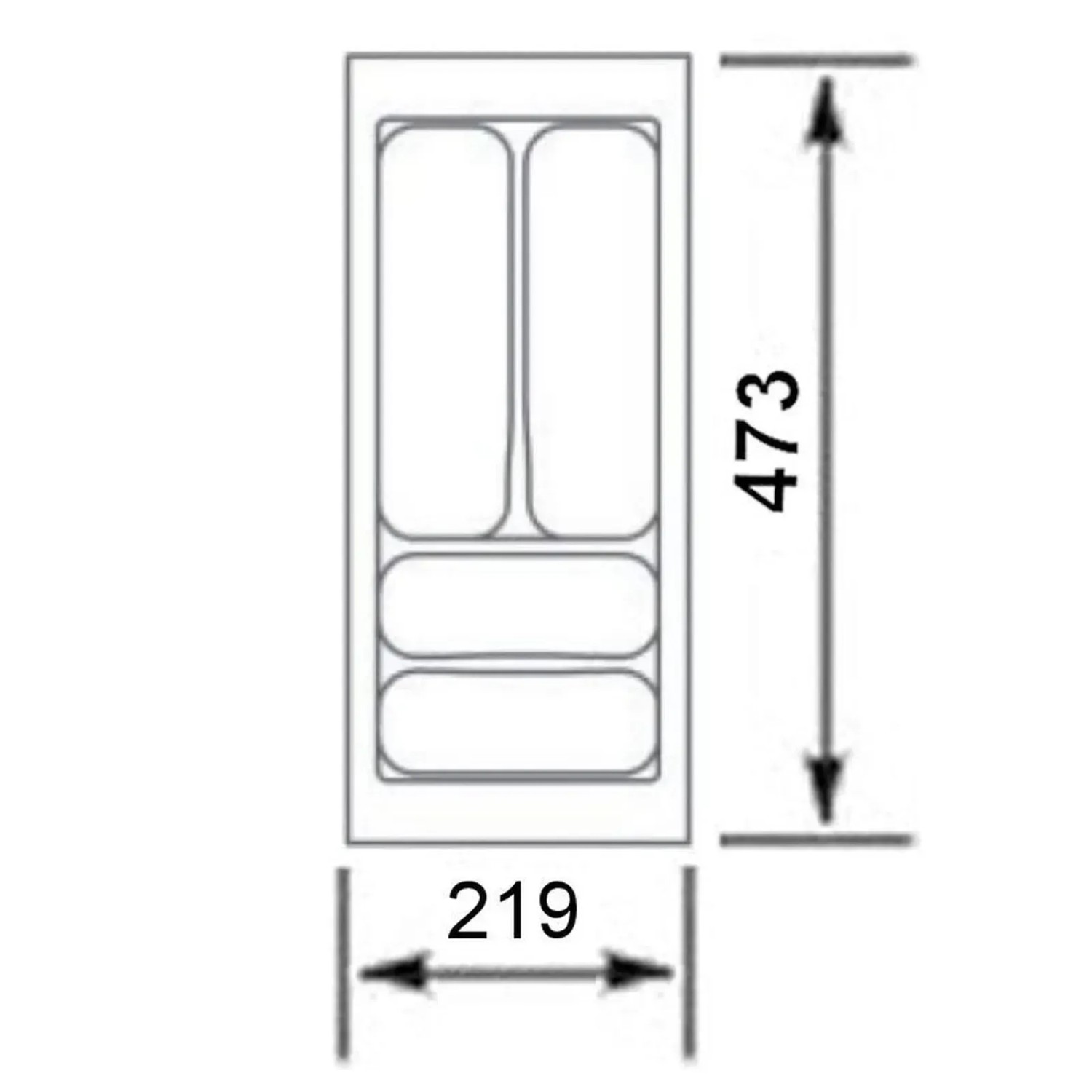 Maßskizze des SOTECH Orga-Box I Besteckeinsatzes (219x473 mm) mit Fachaufteilung für Blum Tandembox Schubladen.
