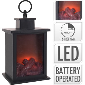 Schwarze Kamin Laterne, 24 cm hoch, mit LED-Feuereffekt für gemütliche Atmosphäre.