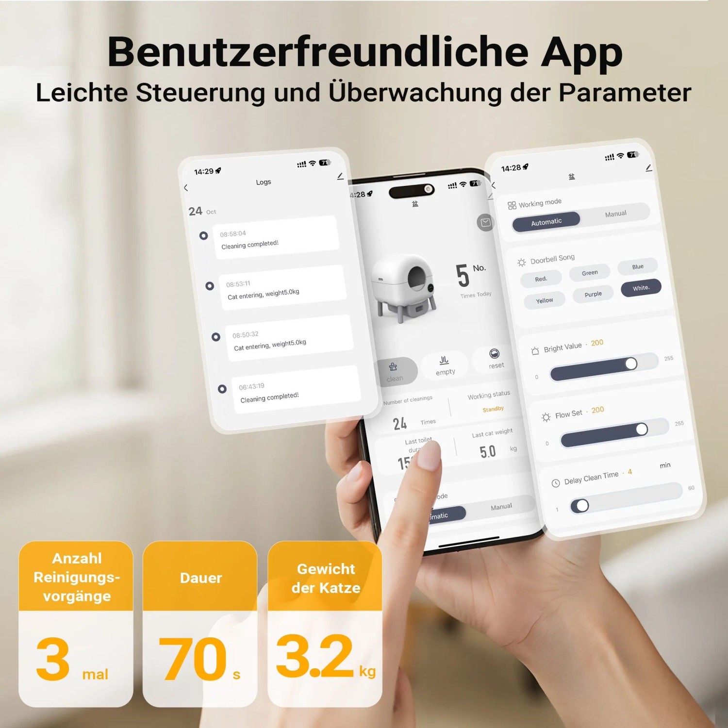 Smartphone mit App zur Steuerung der Fudajo selbstreinigenden Katzentoilette. Zeigt Reinigungslogs, Einstellungen & Katzengewicht.