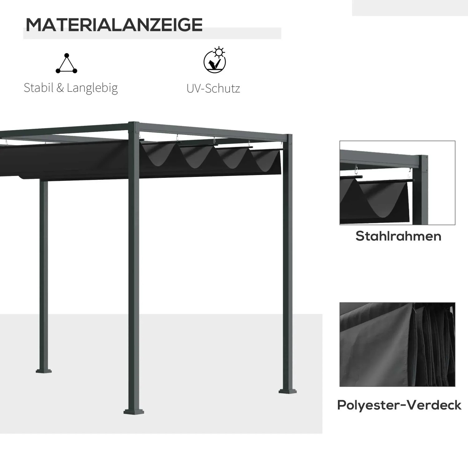 Schwarze Outsunny Pergola mit Stahlrahmen und Polyester-Sonnendach für Garten und Terrasse.