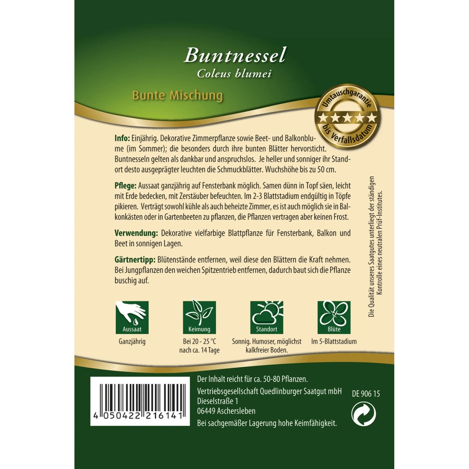 Samentüte Quedlinburger Buntnessel 'Bunte Mischung', Blattschmuck für Beet und Balkon.