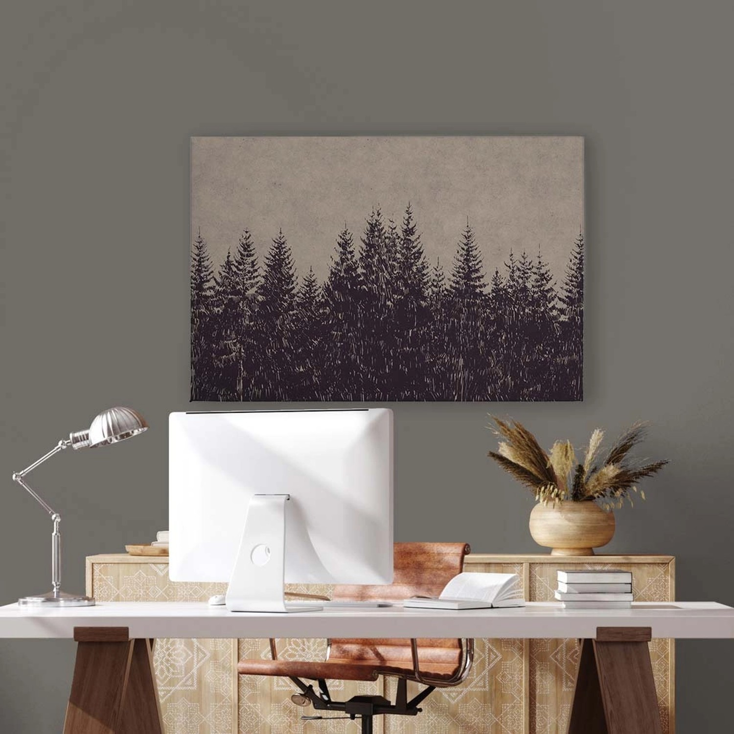 Bricoflor Bild Tannenwald Grau Schwarz Leinwandbild Mit Wald Motiv Für Küche Und Schlafzimmer Wandbild Grafisch 120 X 80