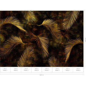 Erismann Fototapete Guido Maria Kretschmer Glossy Palms Gold, 4,0x2,7m. Goldene Palmenblätter auf dunklem Grund.