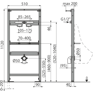 Technische Zeichnung Alcadrain A107/1120 Montagerahmen für Urinal mit Maßangaben.