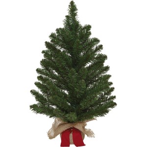 Künstlicher Mini Weihnachtsbaum, 45 cm hoch, dunkelgrün mit Jute und roter Schleife.