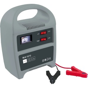 Graues Batterie-Ladegerät 12 A mit Ladeanzeige und Klemmen für 6 V/12 V Batterien.
