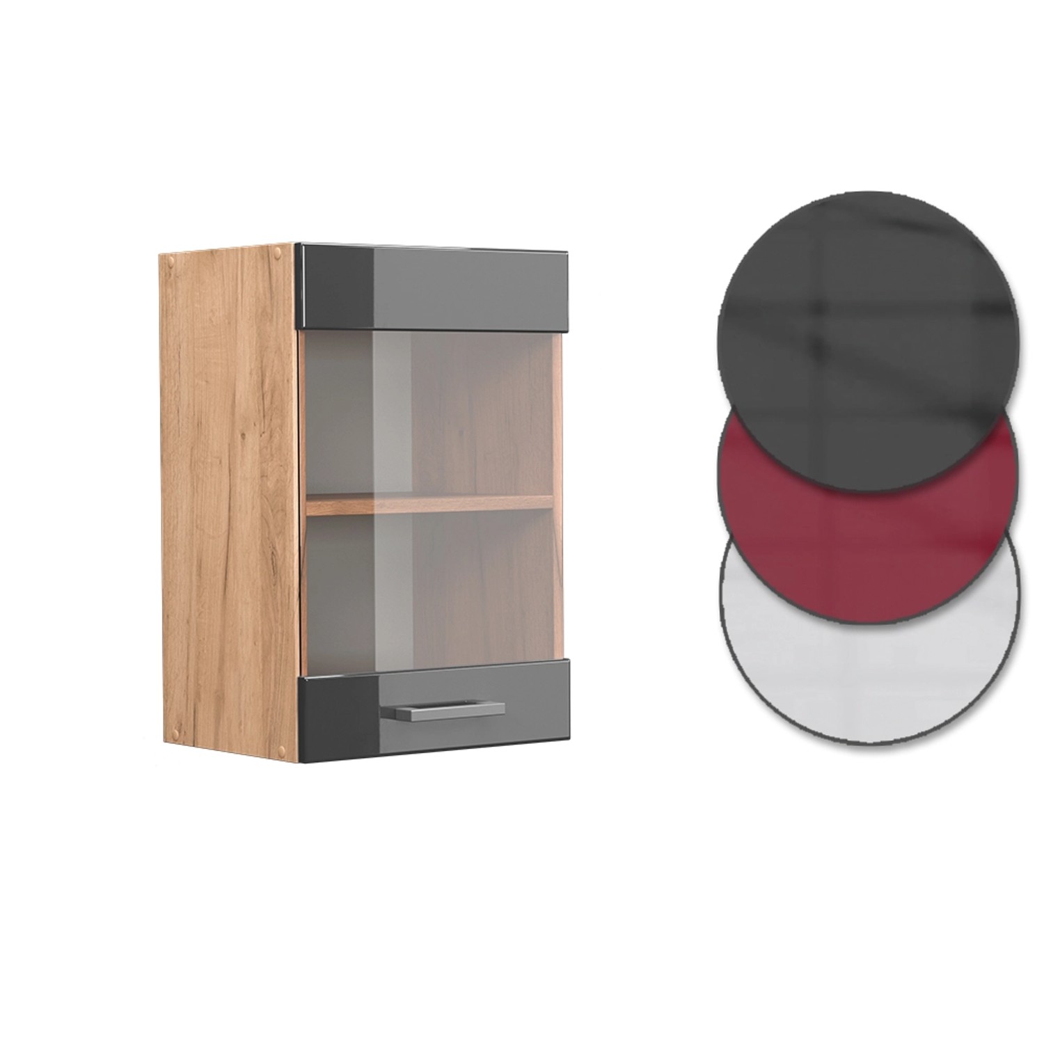 Vicco Küchenglasschrank R-Line, Anthrazit/Goldkraft Eiche, 40 cm. Hängeschrank mit Glastür und Schublade.