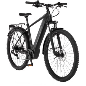 Schwarzes Fischer E-Bike Terra 5.0i mit Diamantrahmen und Gepäckträger.