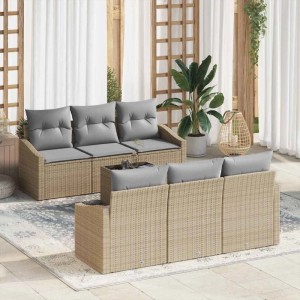 Beiges vidaXL Lounge-Gartenmöbel Set mit grauen Kissen aus Poly-Rattan, 7-teilig.