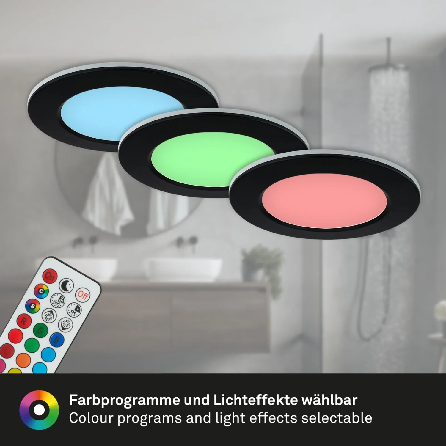 3er Set Briloner LED Einbaustrahler für Bad, dimmbar, mit RGB und CCT Funktion, schwarz.