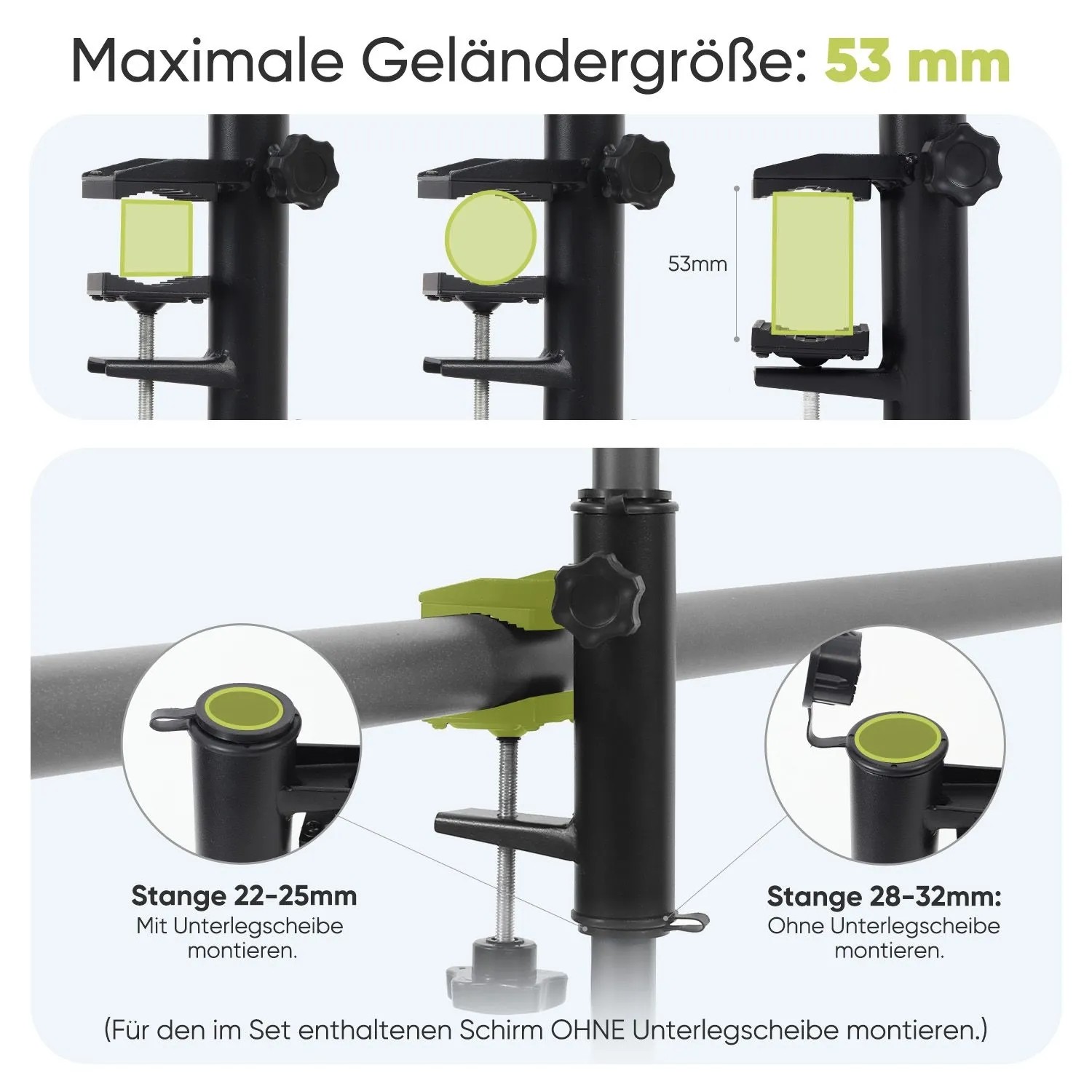 Detailaufnahme Sonnenschirm-Halterung für Balkongeländer, verschiedene Montagemöglichkeiten.