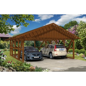 Skan Holz Carport Schwarzwald Nuss, Fachwerk-Bauweise mit Rückwand und Dachlattung für zwei PKW.