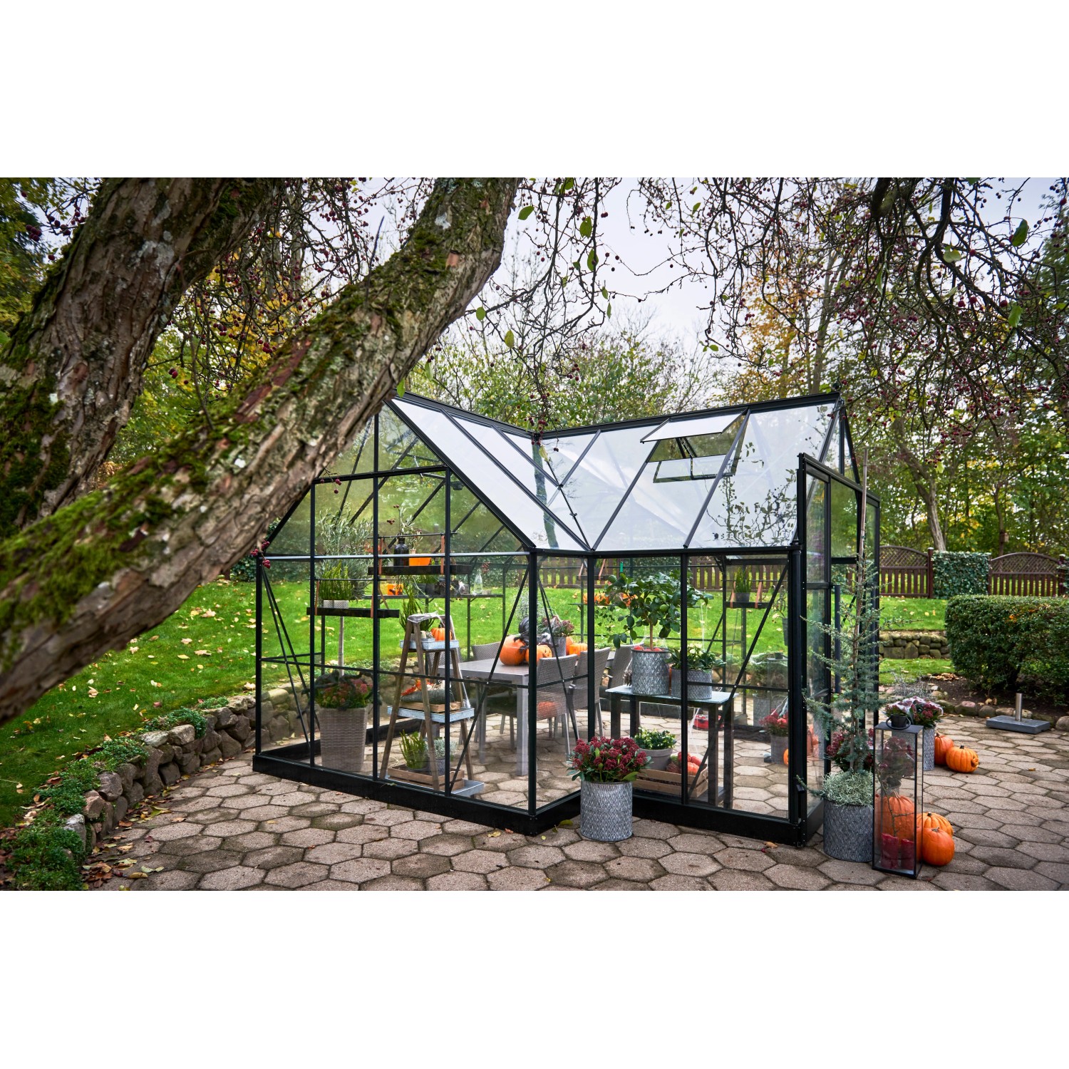 Schwarzes Halls Gewächshaus GardenRoom Set 12,9 m² mit Fundamentrahmen im Garten.