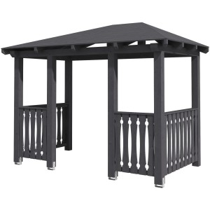 Skan Holz Haustür-Vordach Wismar 8, schiefergrau lasiert, 357x192 cm. Massives Holzvordach mit dekorativen Elementen.