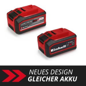 Zwei rote Einhell Akkus 18V 5-8Ah Multi-Ah PXC Plus für Elektrowerkzeuge.