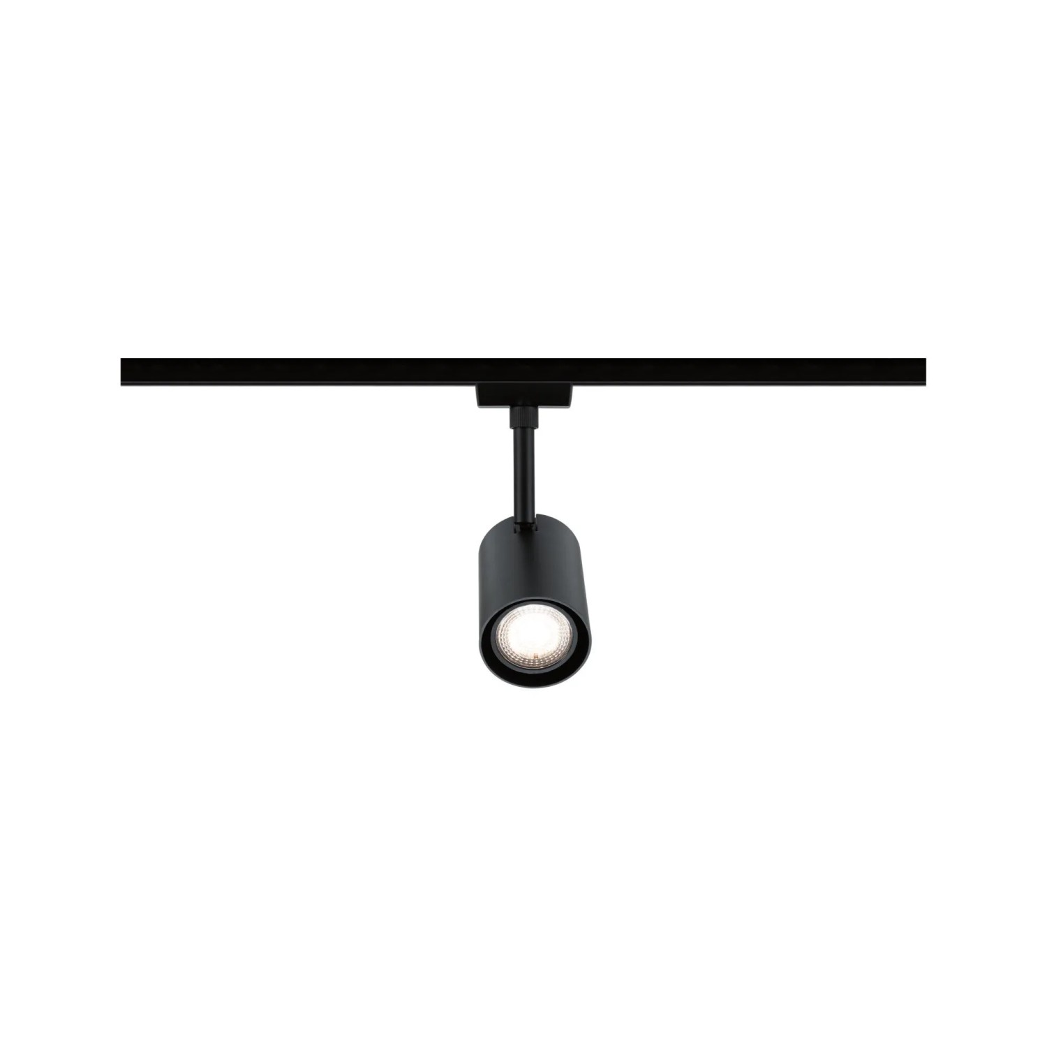 Schwarzer Paulmann URail LED-Schienenspot Luxe matt, zylindrisch, mit Licht auf schwarzer Schiene.