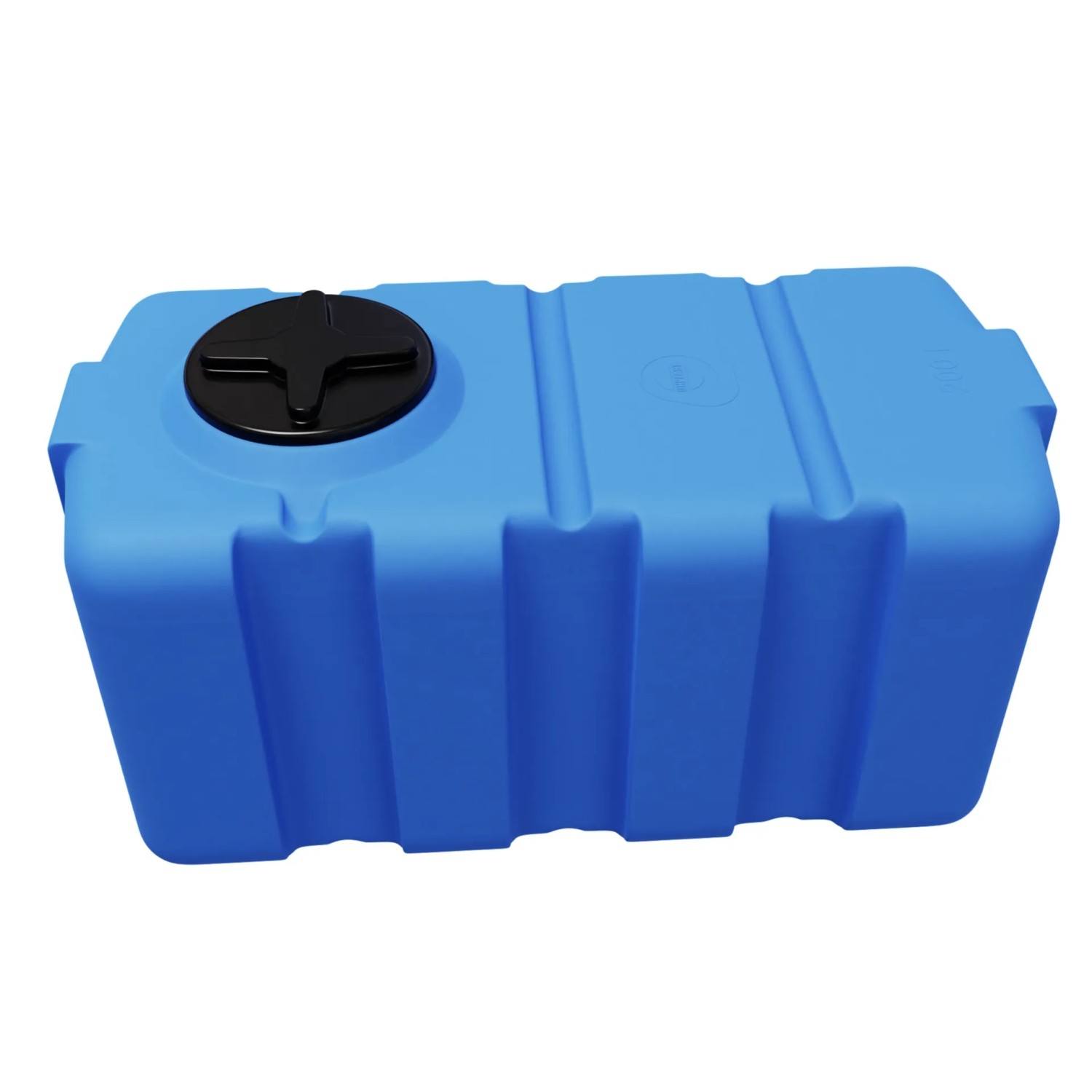 Blauer, rechteckiger KMND 200L Trinkwasser Wassertank aus PE mit schwarzem Deckel und Versteifungsrippen.