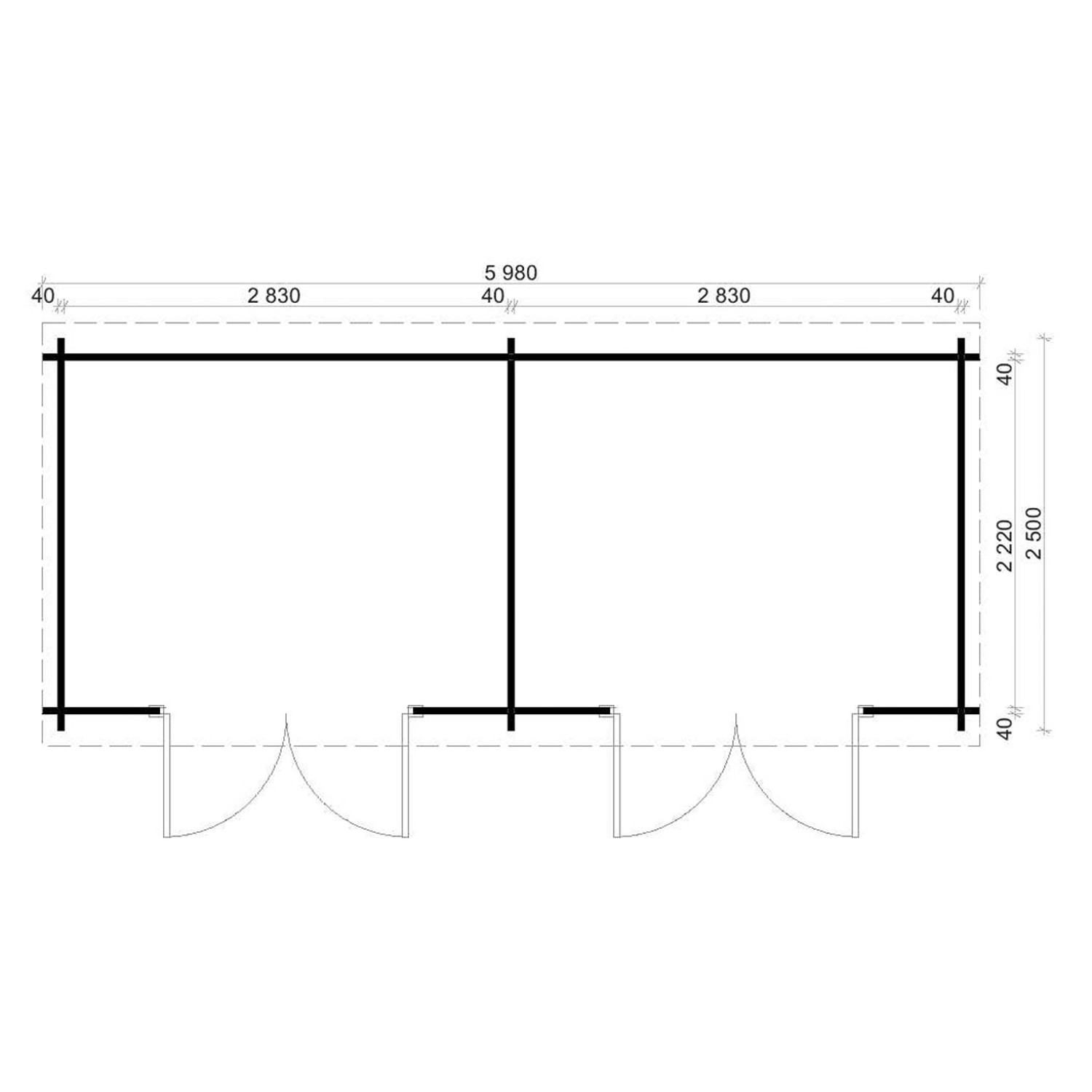 Grundriss Alpholz Gartenhaus Maria Twin, Pultdach, 601x275 cm, 40 mm Wandstärke